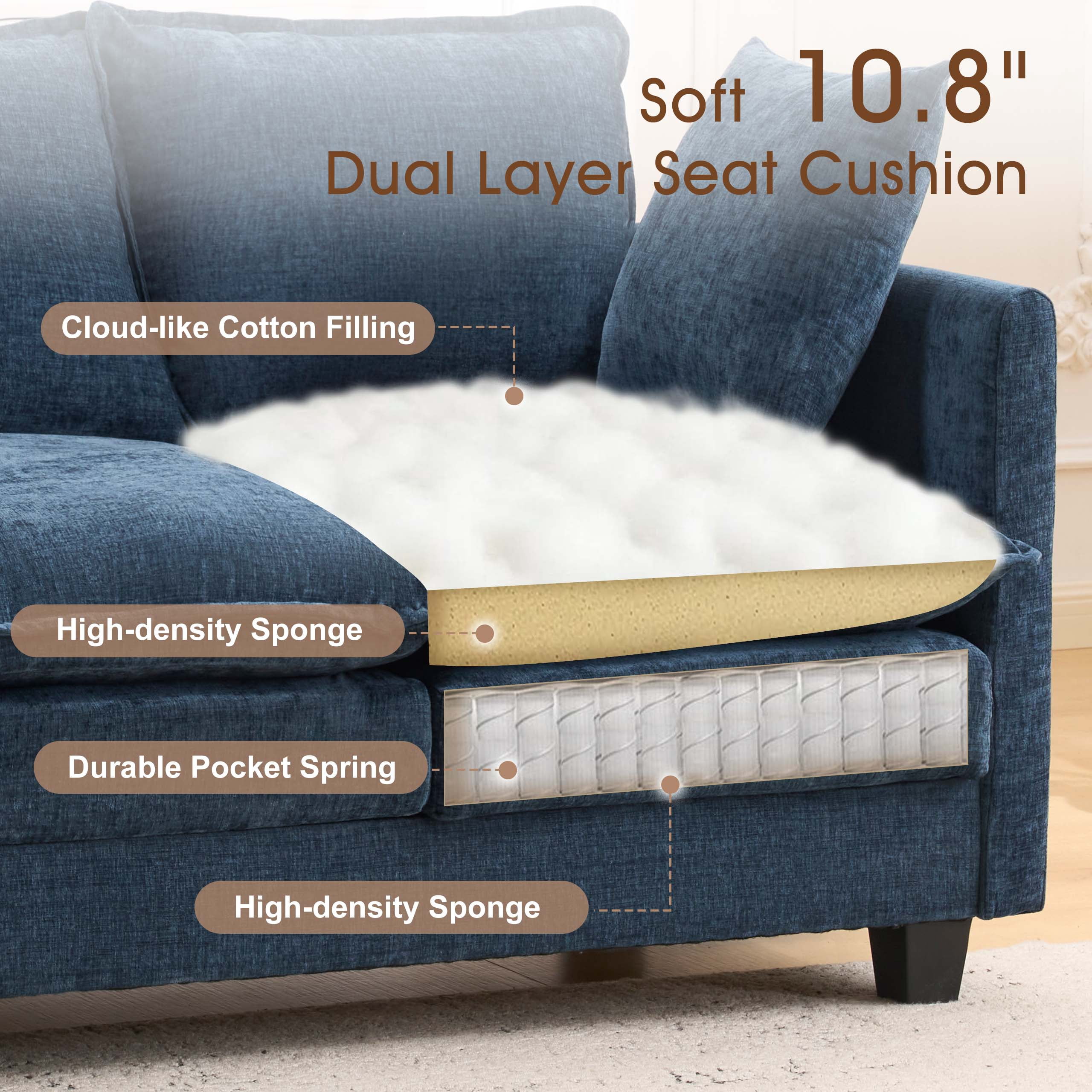 Dioepic 50" Loveseat Sofa Couch Deep Seat Chenille Fabric with 2 Pillows for Living Room and Small Spaces, Blue