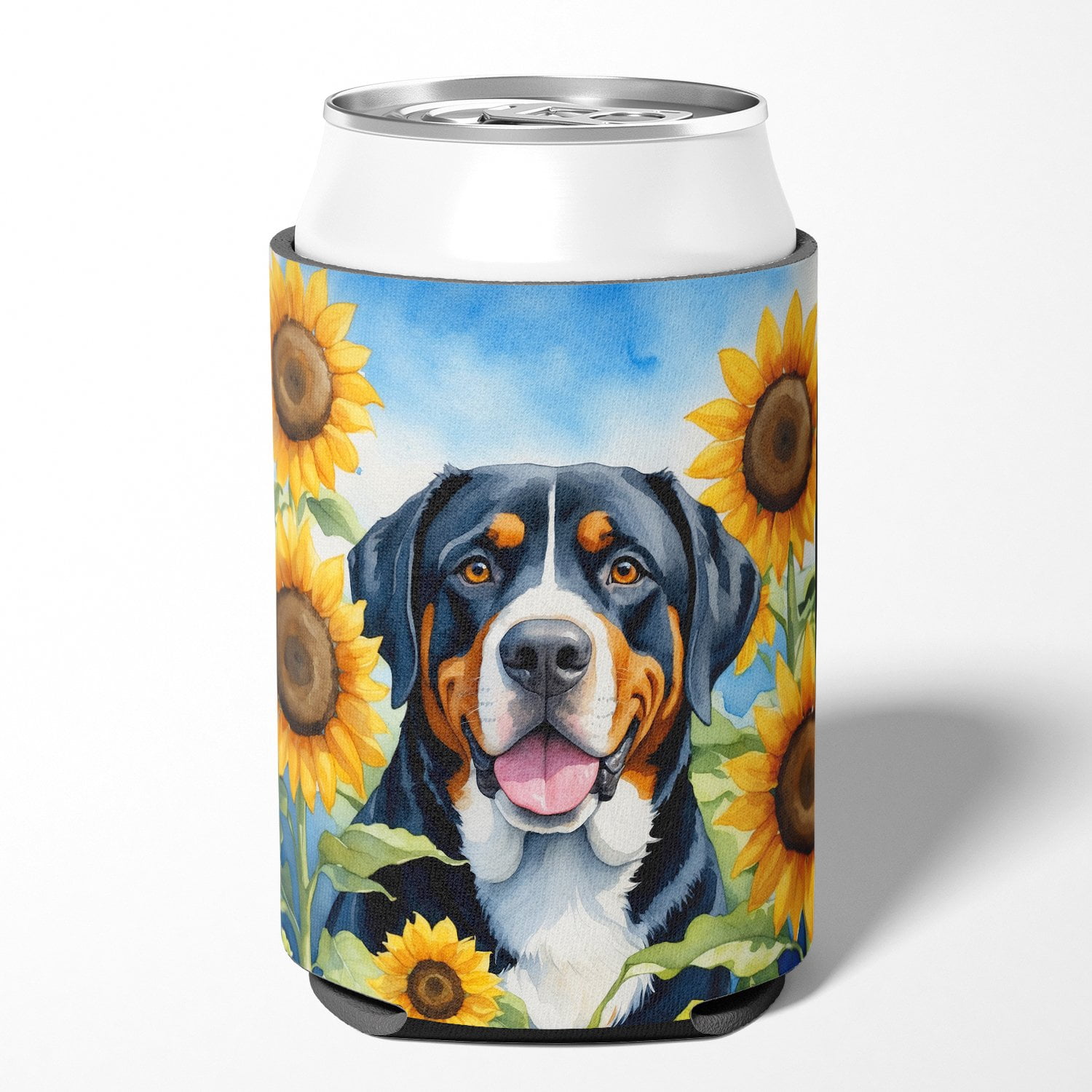 Greater Swiss Mountain Dog in Sunflowers Can or Bottle Hugger 3 in x 5 in