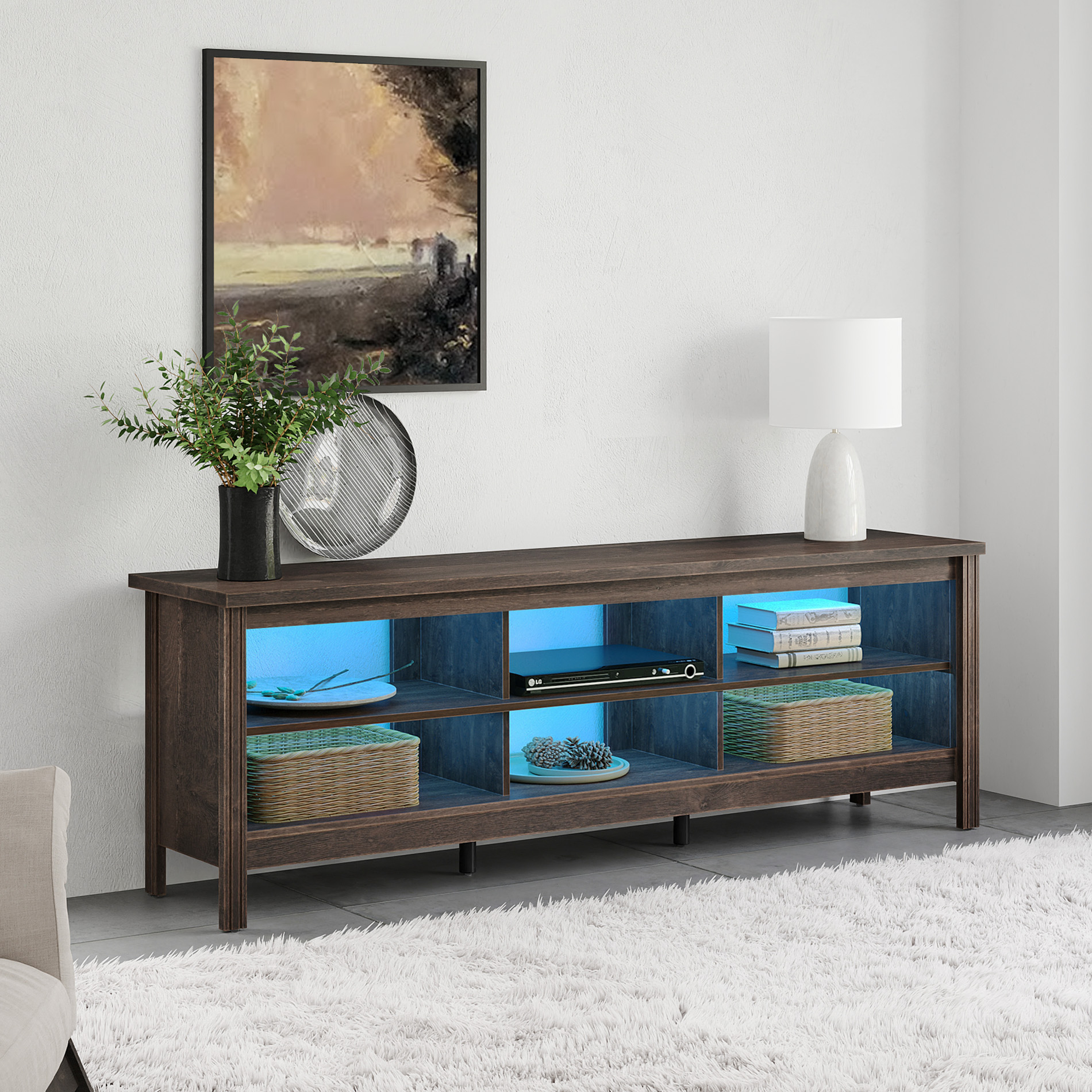 70‘’ LED TV Stand for 75 inch TV Entertainment Center with 6 Cubby for Living Room Bedroom, Brown