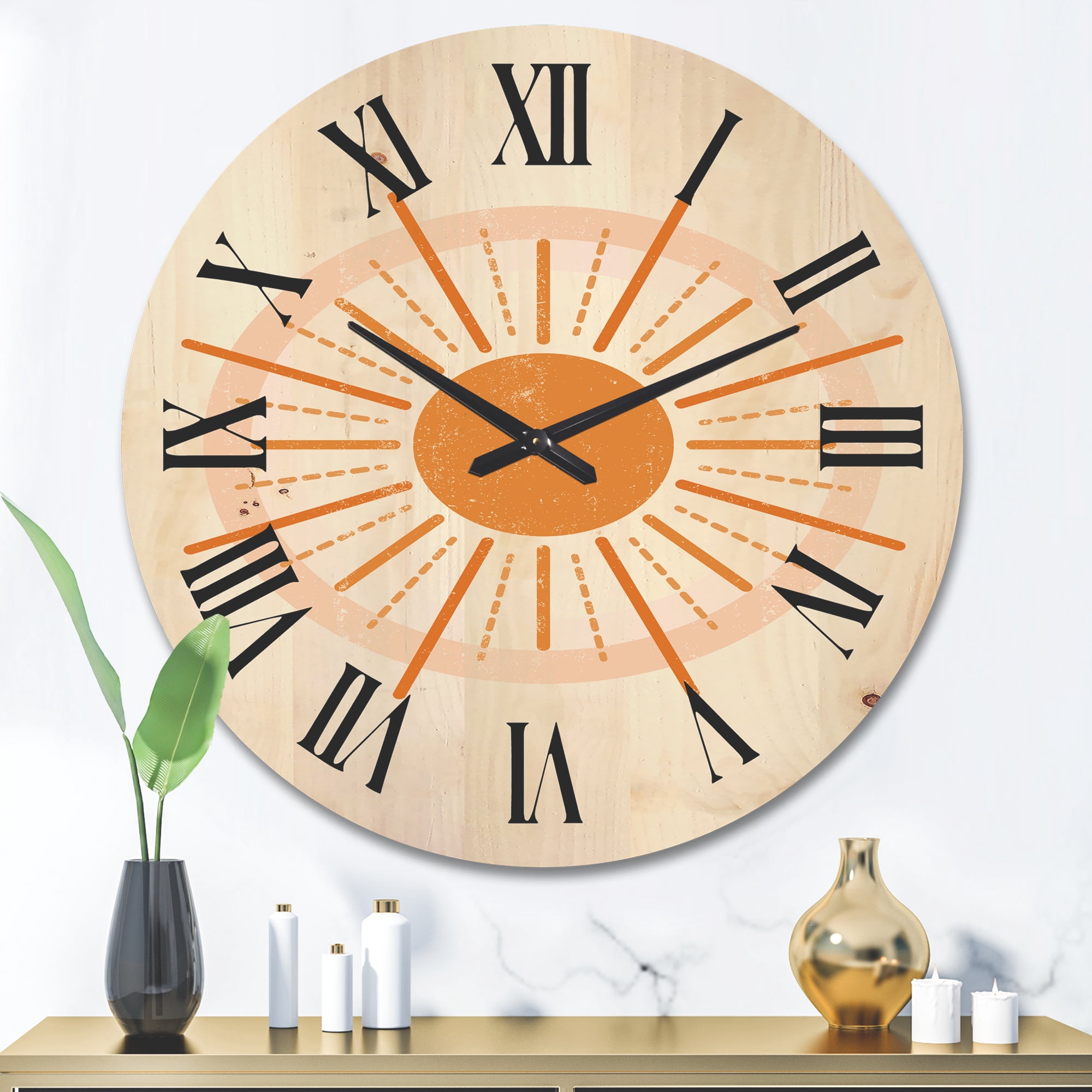 Designart 'Orange Radiant Sun II' Modern Wood Wall Clock