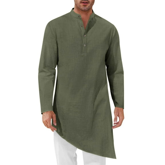 Men's Muslim Robe Tops Kaftan Robe Button Down Long Sleeve Henley Lightweight Asymmetric Hem Solid Color Blouse