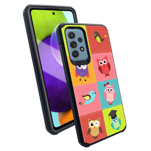 ANJ Slim Dual Layer Shockproof Case Tempered Glass Cover for Samsung Galaxy A52 5G - Patchwork Owls