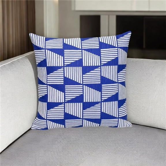 HomeRoots 529320 18 in. Blue & White Geometric Cotton Throw Pillow with Embroidery