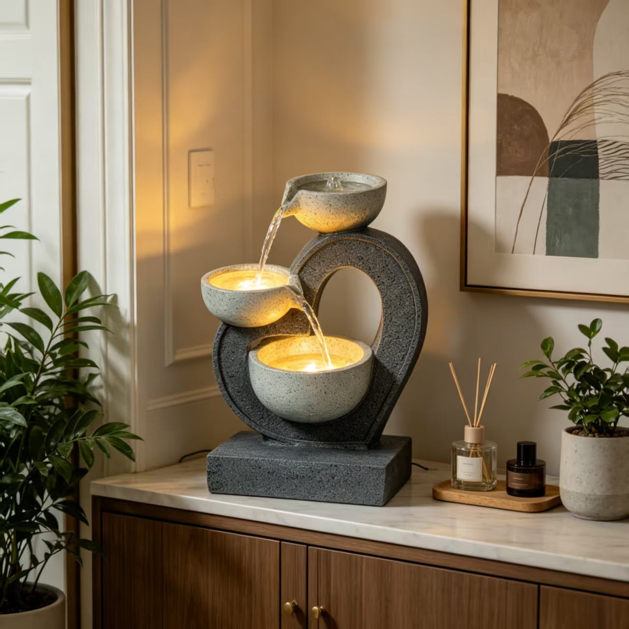Mintazer 19.7" Modern 3-Tier Bowl Cascading Polyresin Water Fountain with Warm LED Lights, Silent Recirculating Pump Freestanding Waterfall Feature for Indoor Patio Garden Balcony Entryway
