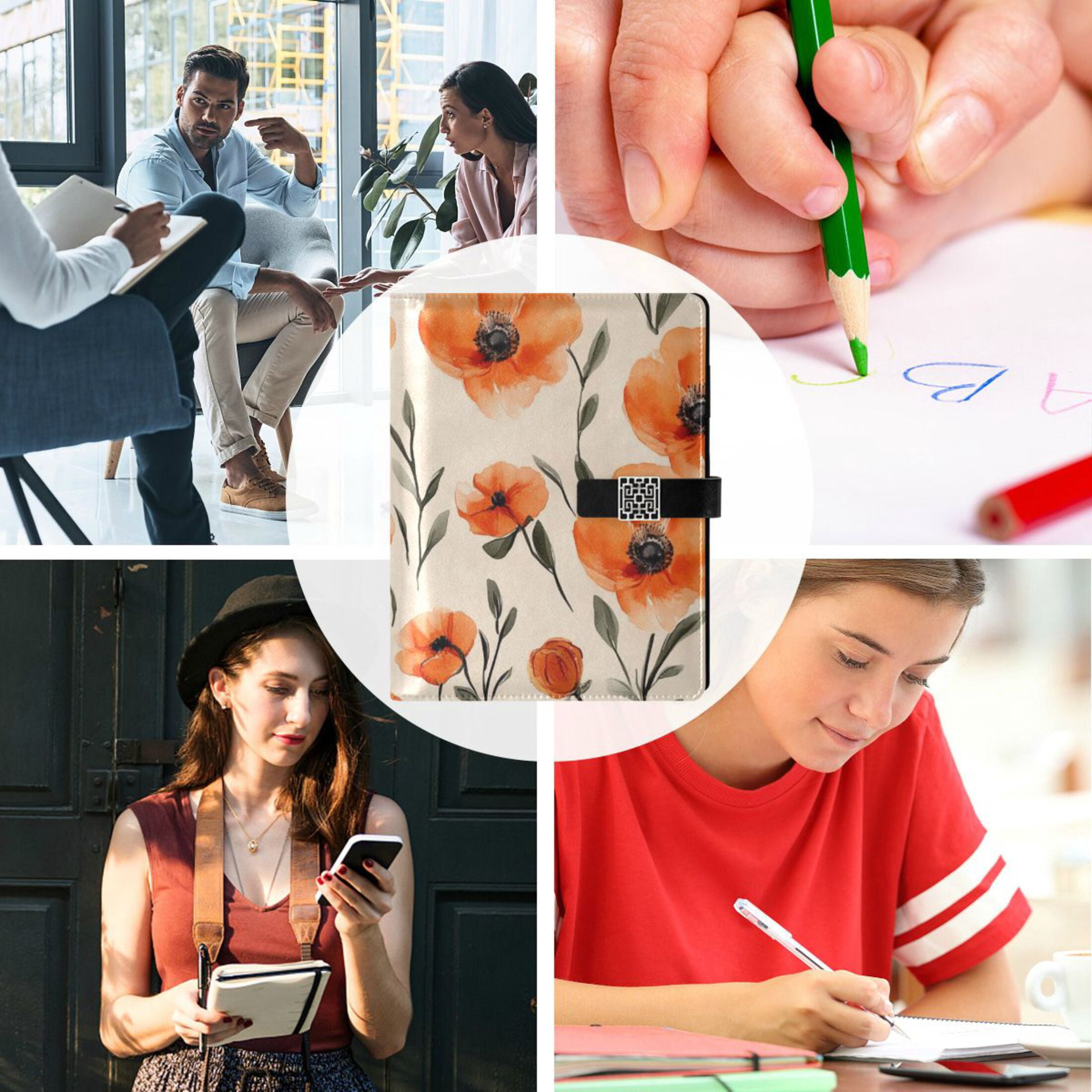 Watercolor Style Orange Flowers Leather Journal Notebook for Men Women A5 Hardcover Notebook with Pockets for Work Business Travel