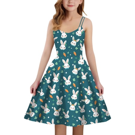 LRen Easter Dress for Girls Spaghetti Strap Sleeveless Square Neck Easter Egg Bunny Print Dress for Kids Girl Casual A Line Summer Dress