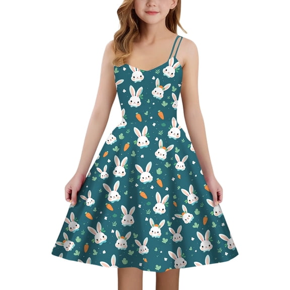 XEGLSBU Dresses for Girls 7-8 for Weddings Easter Print Girls Sleeveless Dress Back Elastic Zipper for Casual Outdoor Daily Wear Blue Size 11-12 Years
