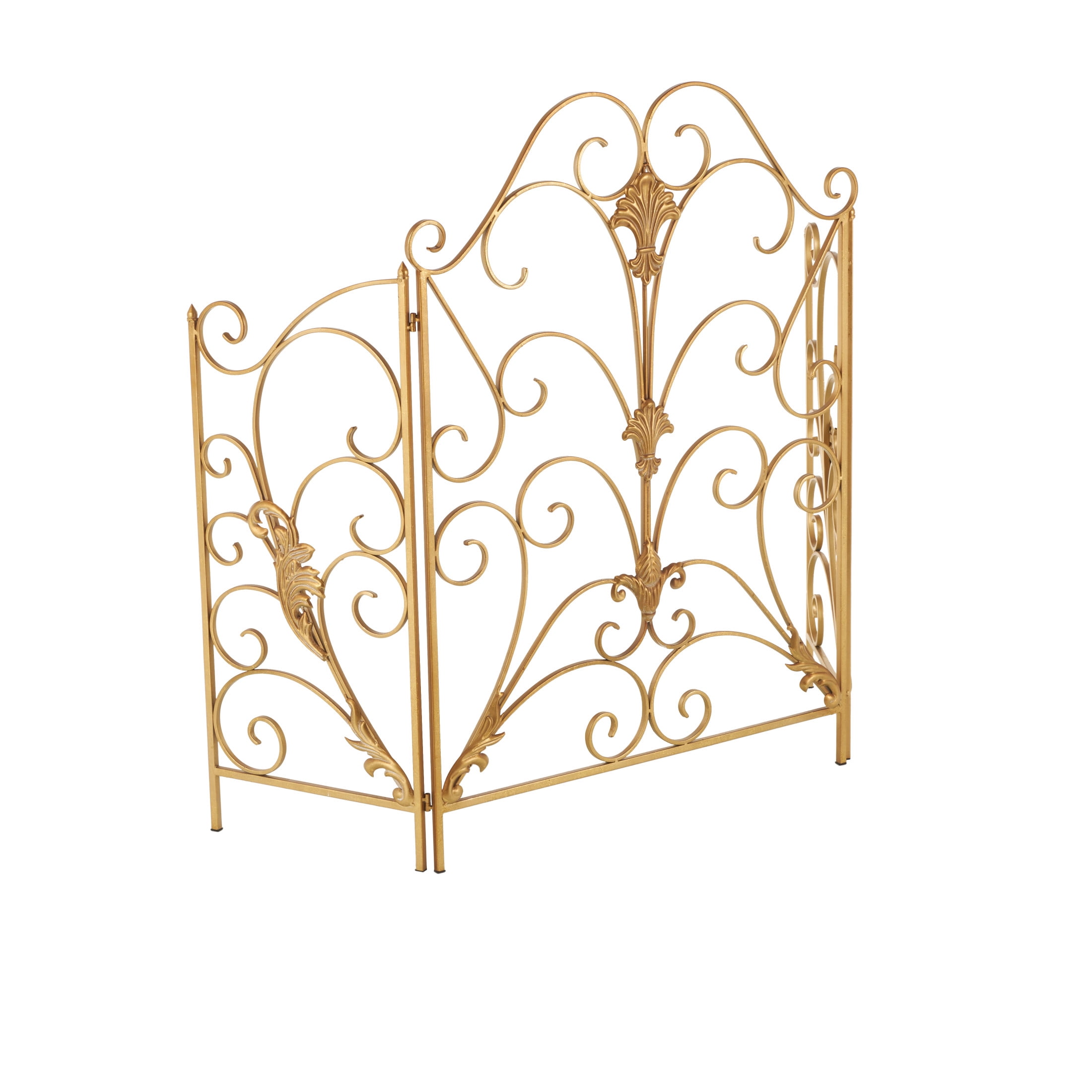 DecMode 29" x 40" Gold Metal Foldable 3 Panel Scroll Fireplace Screen with Fleur De Lis Accents, 1-Piece