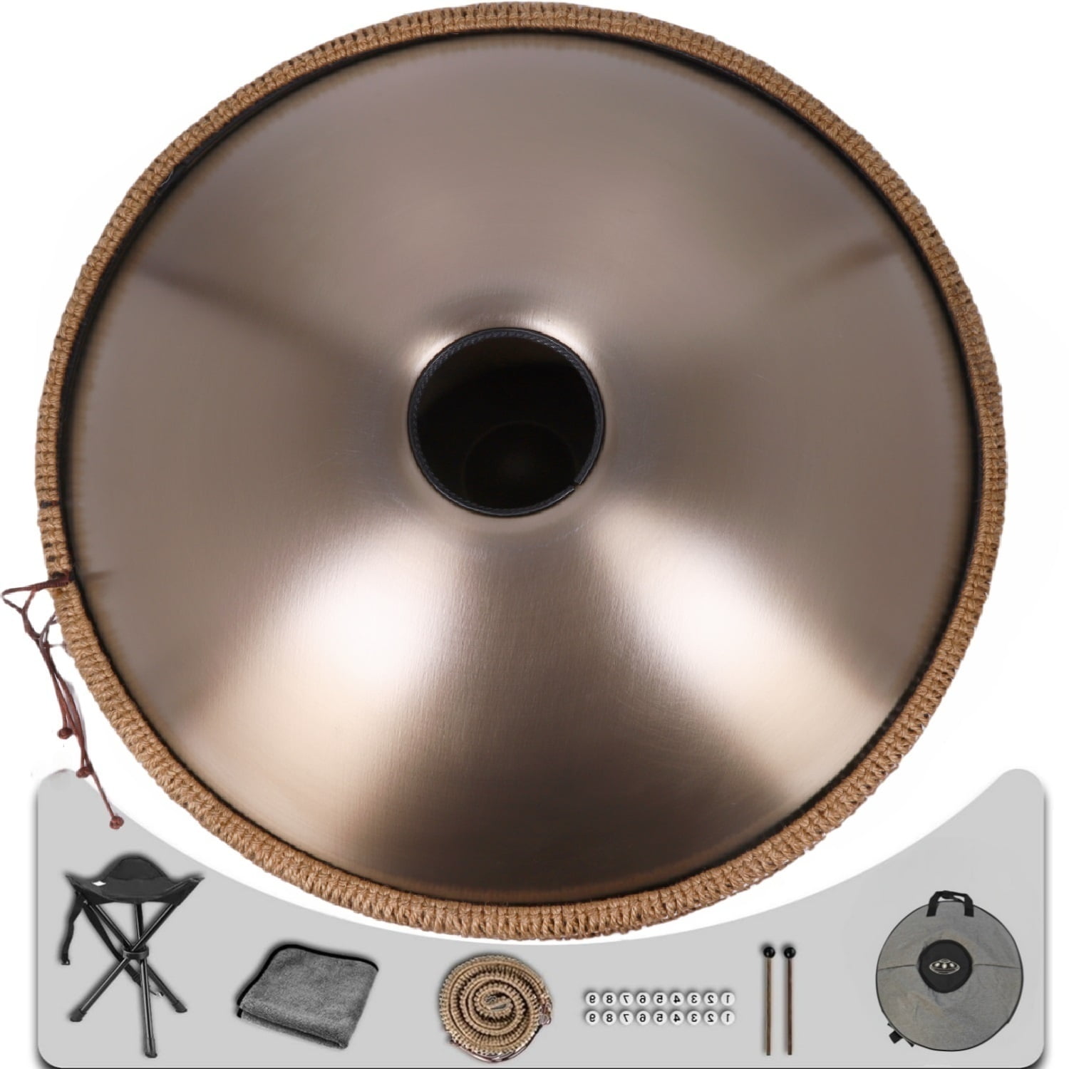 440HZ Tambourine Steel Drum in D Minor 22Inch Golden 10 Notes Mandala Handpan Percussion Drum with Soft HandPan Bag