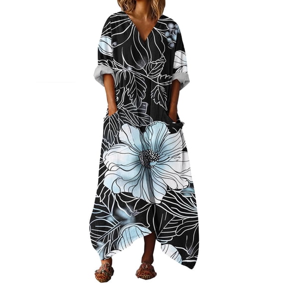 successthop Floral Dresses for Women Plus Size 3/4 Sleeve V Neck Sundress Ladies Maxi Dress Vintage with Pocket Black S