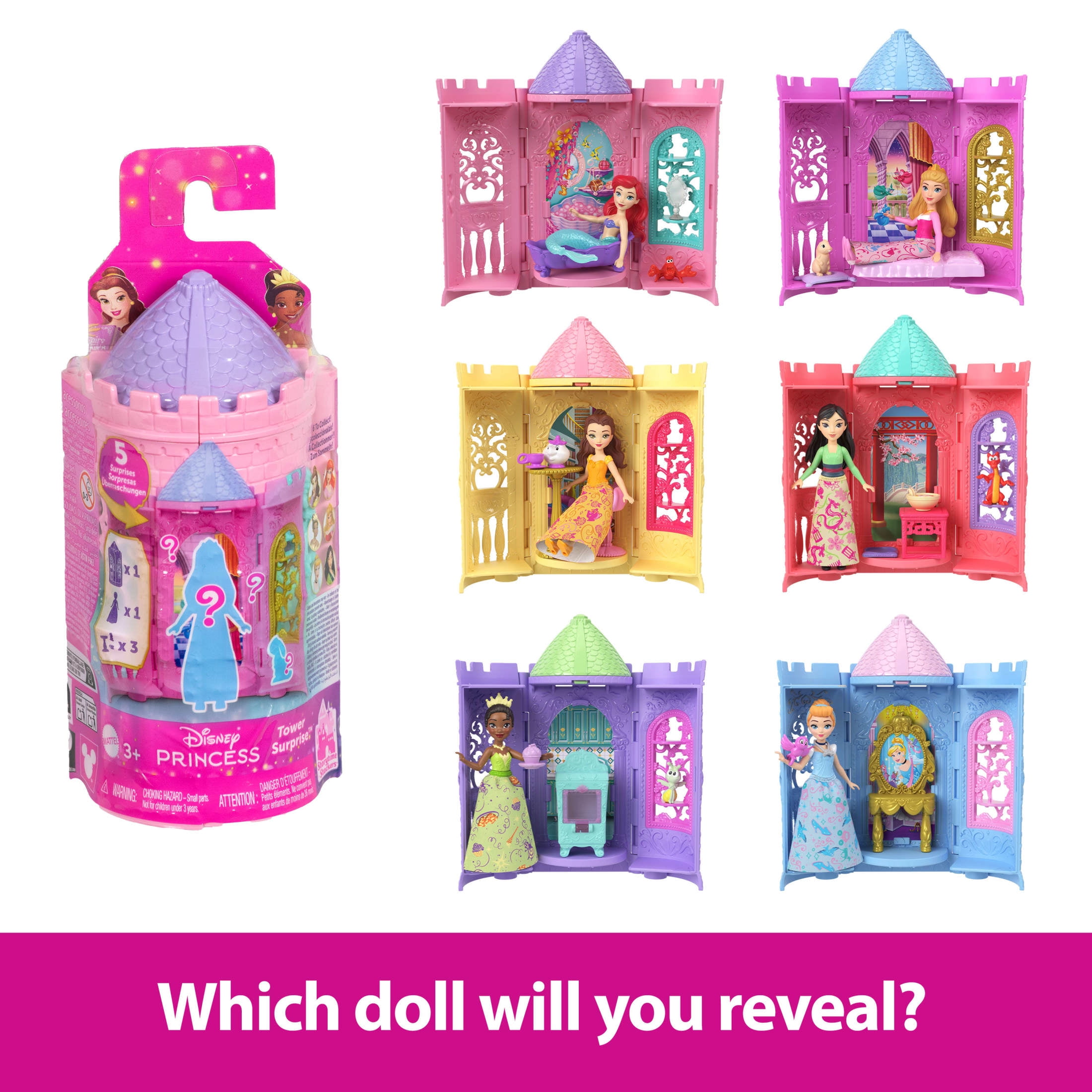 Disney Princess Tower Surprise Small Dolls & Stacking Playsets with 5 Surprises (Styles May Vary)