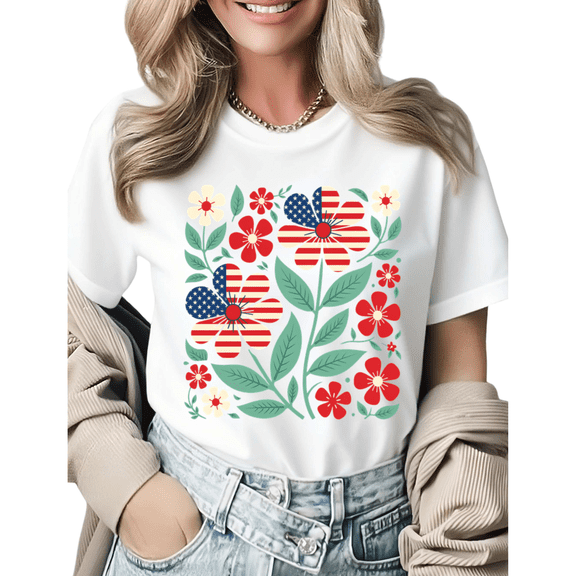 Retro USA 250 Aesthetic Folk Art Flower Graphic Tees Women's Casual Summer Tops