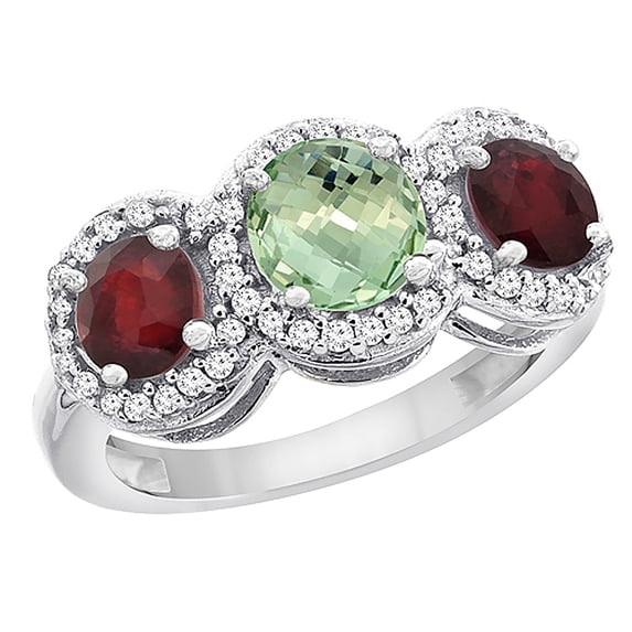 14K White Gold Natural Green Amethyst & Enhanced Ruby Sides Round 3-stone Ring Diamond Accents, size 6.5