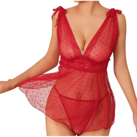 WMTBSRSW Women s Nightgown 2 Piece Polka Dots Lace Sheer Mesh V Neck Babydoll Teddy Pajamas Set with Panties Sleepwear Nighty Nightwear Nightgown