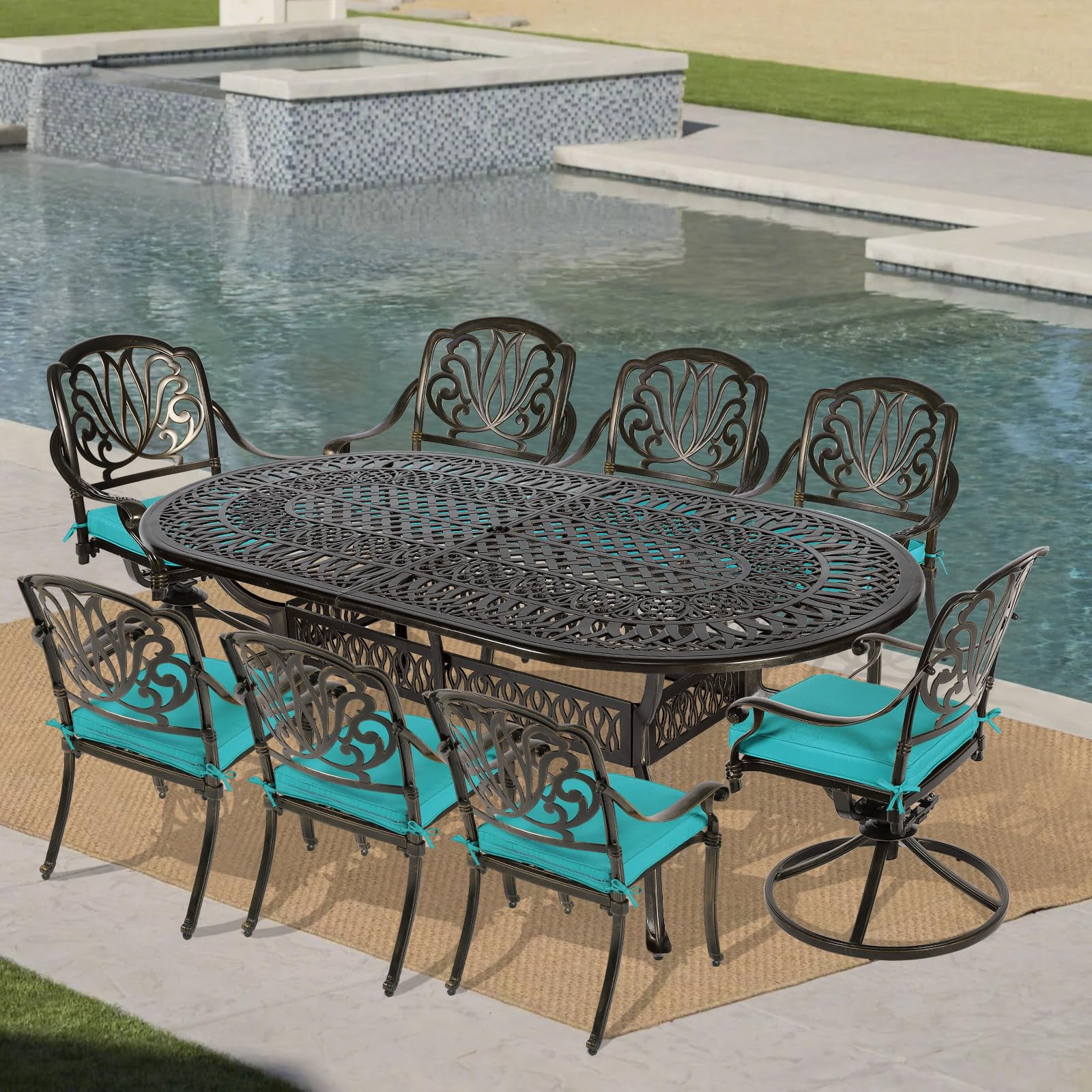 VIVIJASON 9-Piece Outdoor Furniture Dining Set, All-Weather Cast Aluminum Patio Conversation Set, Include 6 Stationary Chairs, 2 Swivel Dining Chairs, Oval Table with Umbrella Hole, Ocean Blue Cushion