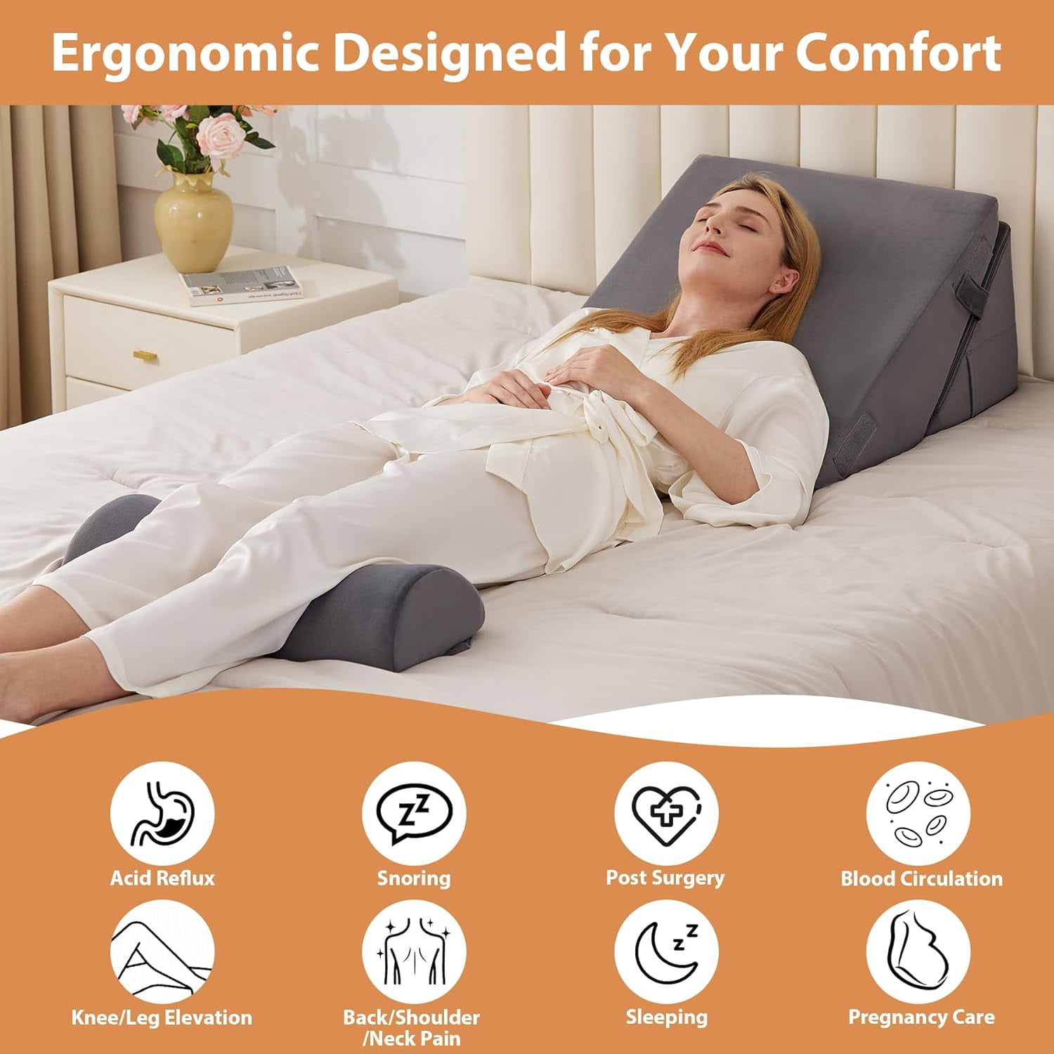 Adjustable Memory Foam Wedge Pillow Set for Sleeping, Acid Reflux & Post-Surgery Support, Orthopedic Bed Wedge for Neck and Back, 9 & 12 Inch, White/Grey
