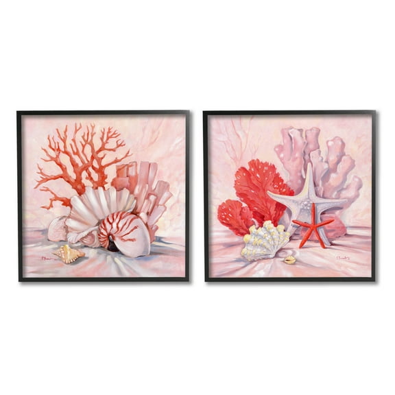 Stupell Industries Pink Coral Sea Life Painting Black Framed Art Print Wall Art, Set of 2, Design by Paul Brent
