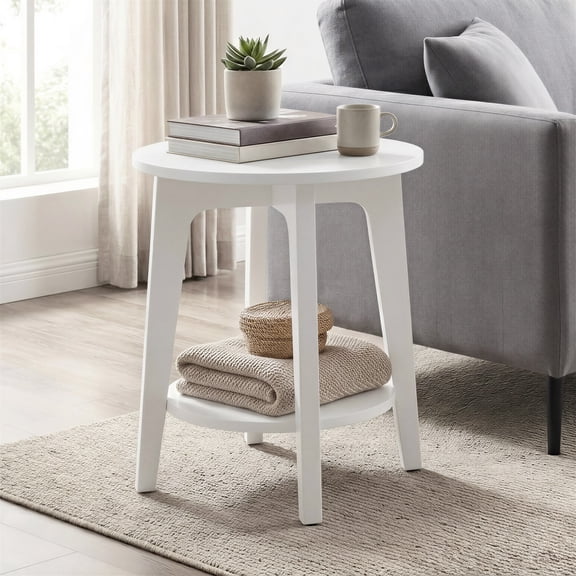 LEDREM Compact Two-Tier Round Accent Table, Tapered-Leg Side Table with Curved Accents, Holds 198lb, Quick Assembly, Space-Saving Small Sofa Table