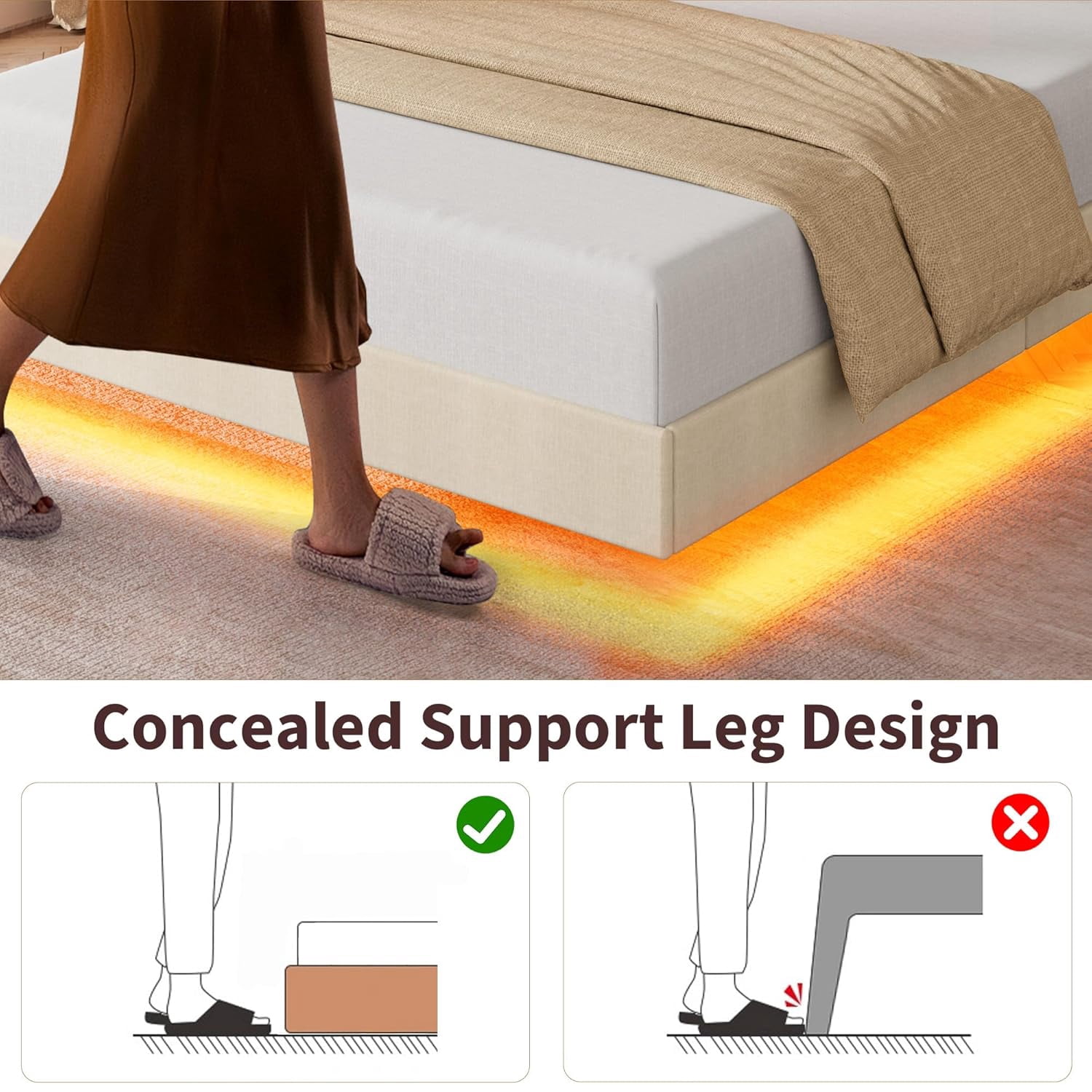 Shininglove Queen Size Upholstered Floating Bed Frame with RGB LED Lights & Charging Station, No Box Spring Needed (Beige)