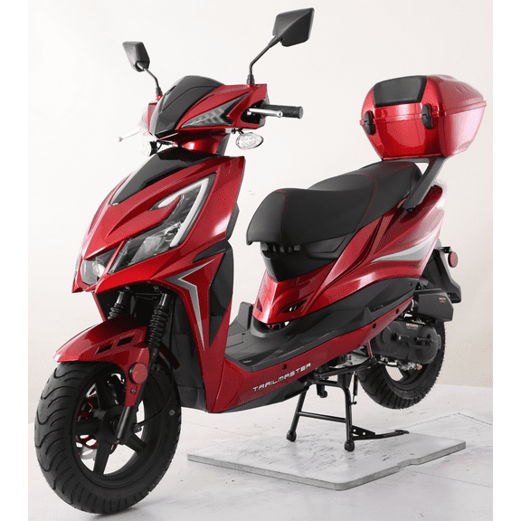 Trailmaster Trophy 50cc Scooter/Moped, Automatic CVT, Electric & Kick Start, 12-inch Aluminum Rims, Optional Color-Matched Locking Trunk (Pre-Assembled, Red)