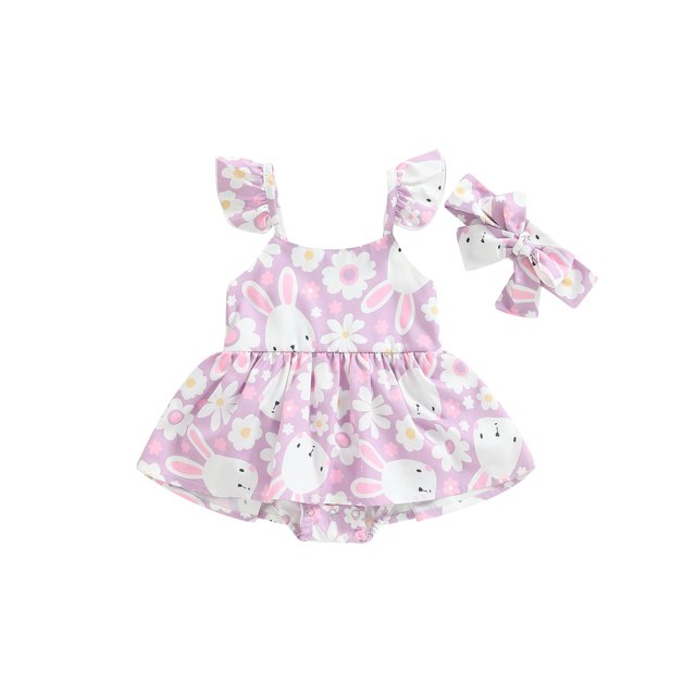 Faithtur Barboteuse Sans Manches pour Bébé Fille Imprimé Rabbit Décontracté Printemps Été Justaucorps + Bandeau Nœud
