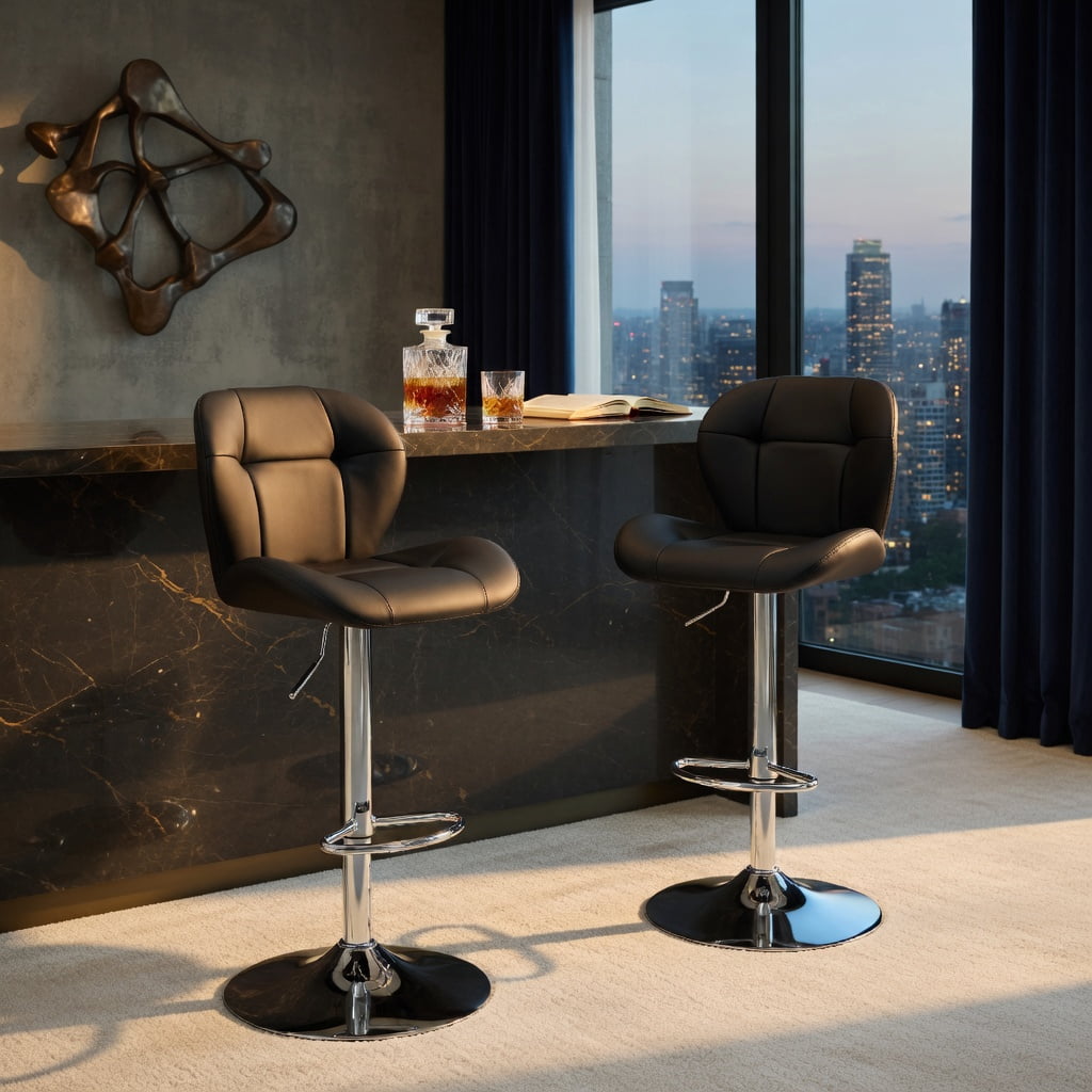 Hommoo 2-Pack Adjustable Bar Stools, PU Tufted Height-Adjustable Bar Chairs with Chrome Base & Footrest for Kitchen Island, Home Bar, Pub & Breakfast Counter, Black