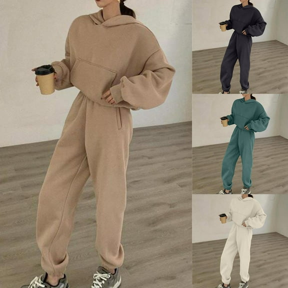 Brondbend 2 Piece Sweatsuits for Women Tracksuit Women Long Sleeved Hooded Solid Front Pocket Pullover Sweatshirt with Sweatpant Outfits Loose Fall Winter Comfortable Workout Set,Black