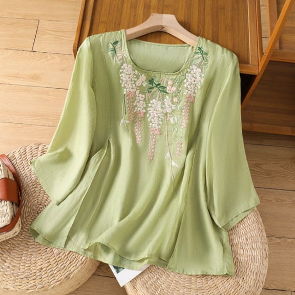 Womens Casual Summer T Shirts Crew Neck Basic Fashion Y2K Spring 2026 Linen Tops Half Sleeve Embroidered Print Tees
