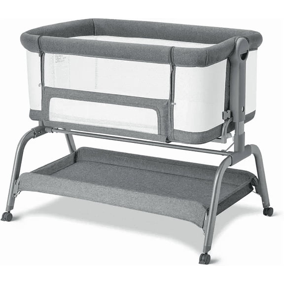 Babyomi 3 In 1 Baby Bassinet, Portable Playard With Storage Basket and Wheels, Adjustable Height Bassinet Bedside Sleeper, Easy Folding Portable Crib for Newborn, Grey