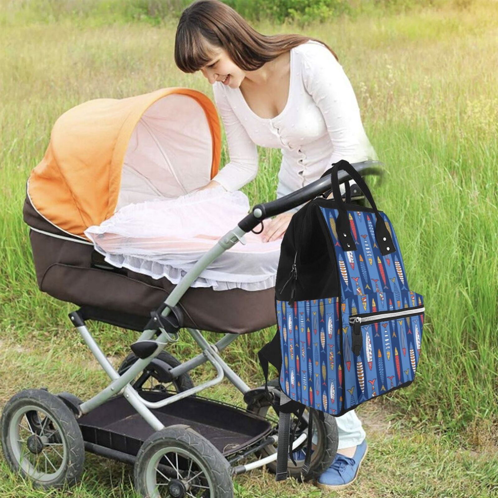 Ratiio Cute Fish Mummy Backpack - Waterproof Twill Canvas, Large Capacity Diaper Bag with Multiple Pockets and Adjustable Straps