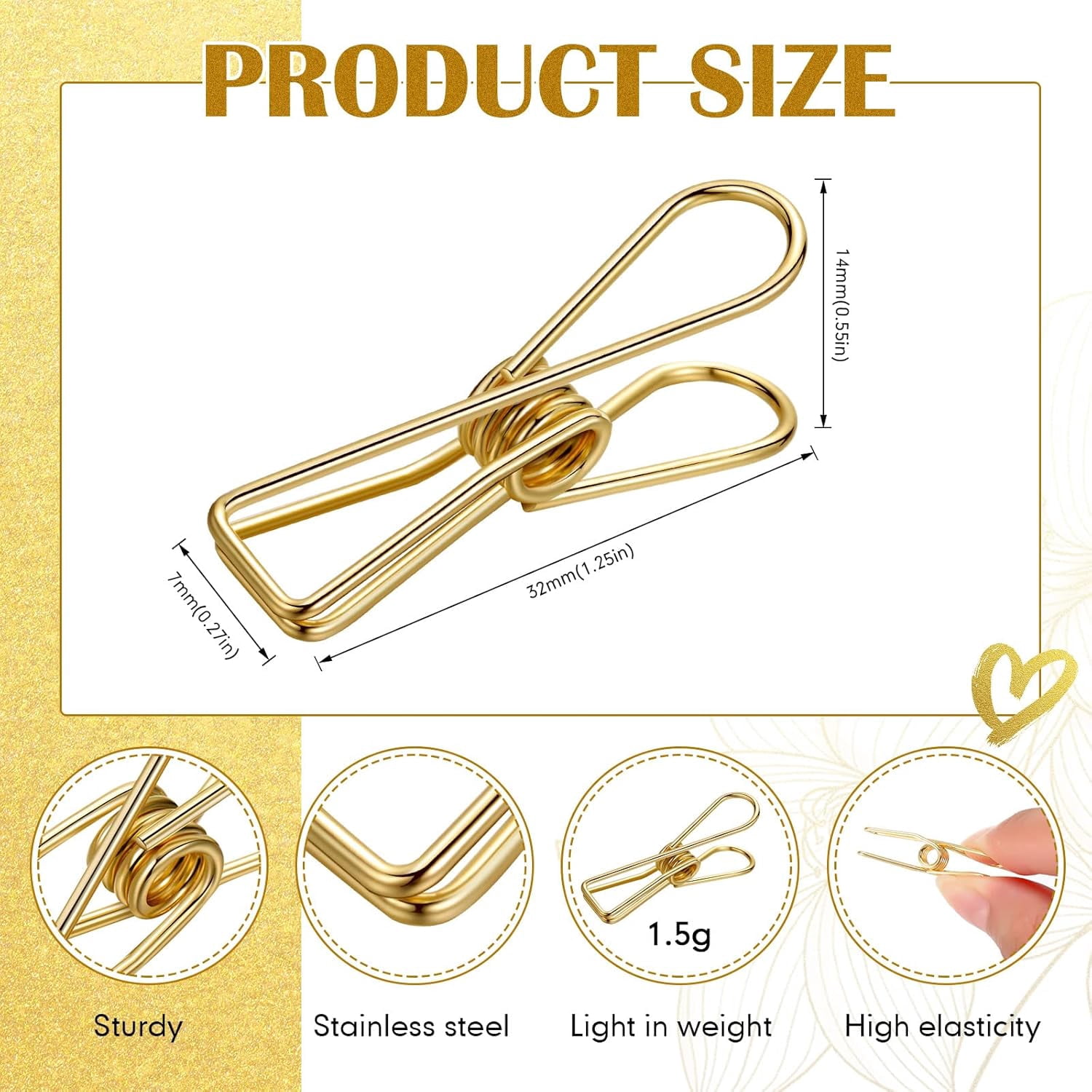 100 Pcs Paper Clips Metal Wire Hollow Out Clothespins Multi Purpose Utility Binder Clips Invoice Bill Stainless Steel Hanging Clothes Pins for Kitchen Outdoor Office (Gold)
