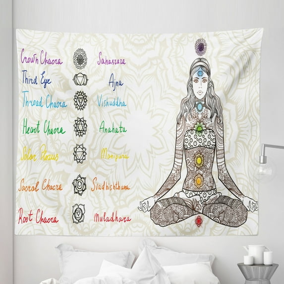 Peace Tapestry, Sketch Image of Yoga Posed Girl in Peace with Spots Design Relaxation, Fabric Wall Hanging Decor for Bedroom Living Room Dorm, 5 Sizes, Multicolor, by Ambesonne