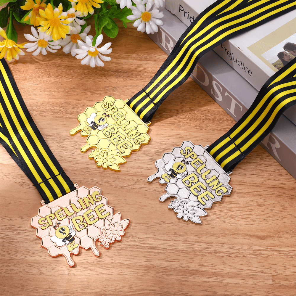 3 Pcs Spelling Bee Honeycomb Medals with Neck Ribbons, Gold Silver Bronze Awards Represents 1st 2nd 3rd Place, Durable Zinc Alloy Medals for Competition Events Party Decorations and Club Activities