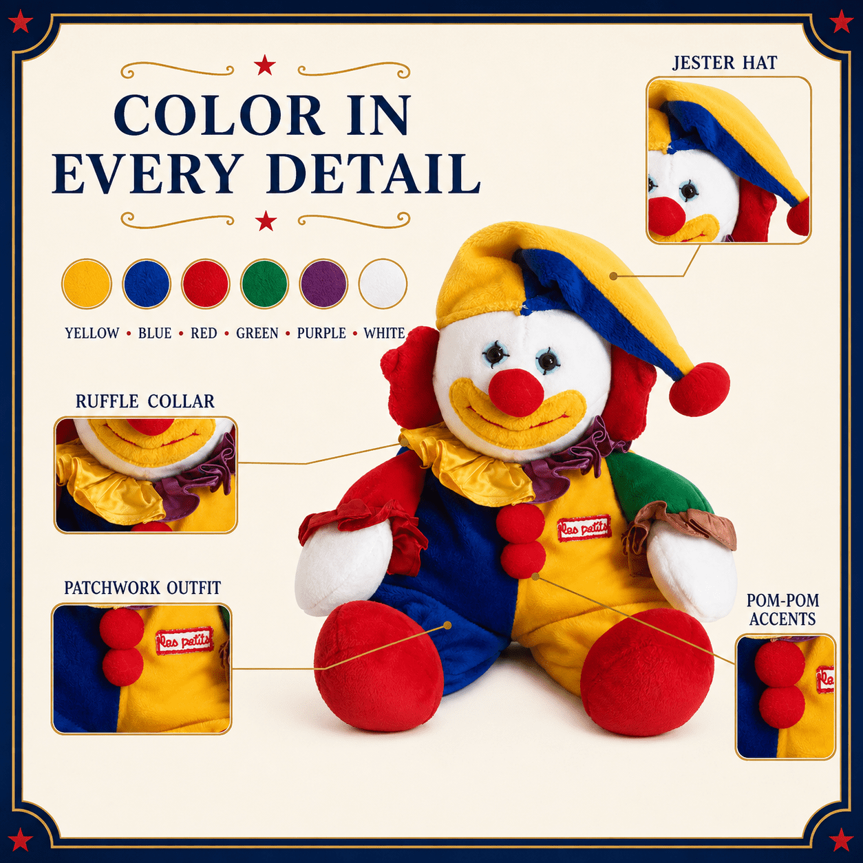 Applause Les Petits Marcel Circus Clown Plush, Multicolor Jester Stuffed Doll with Pom Pom Details and Ruffle Collar for Collectors, Shelf Decor and Gift Giving