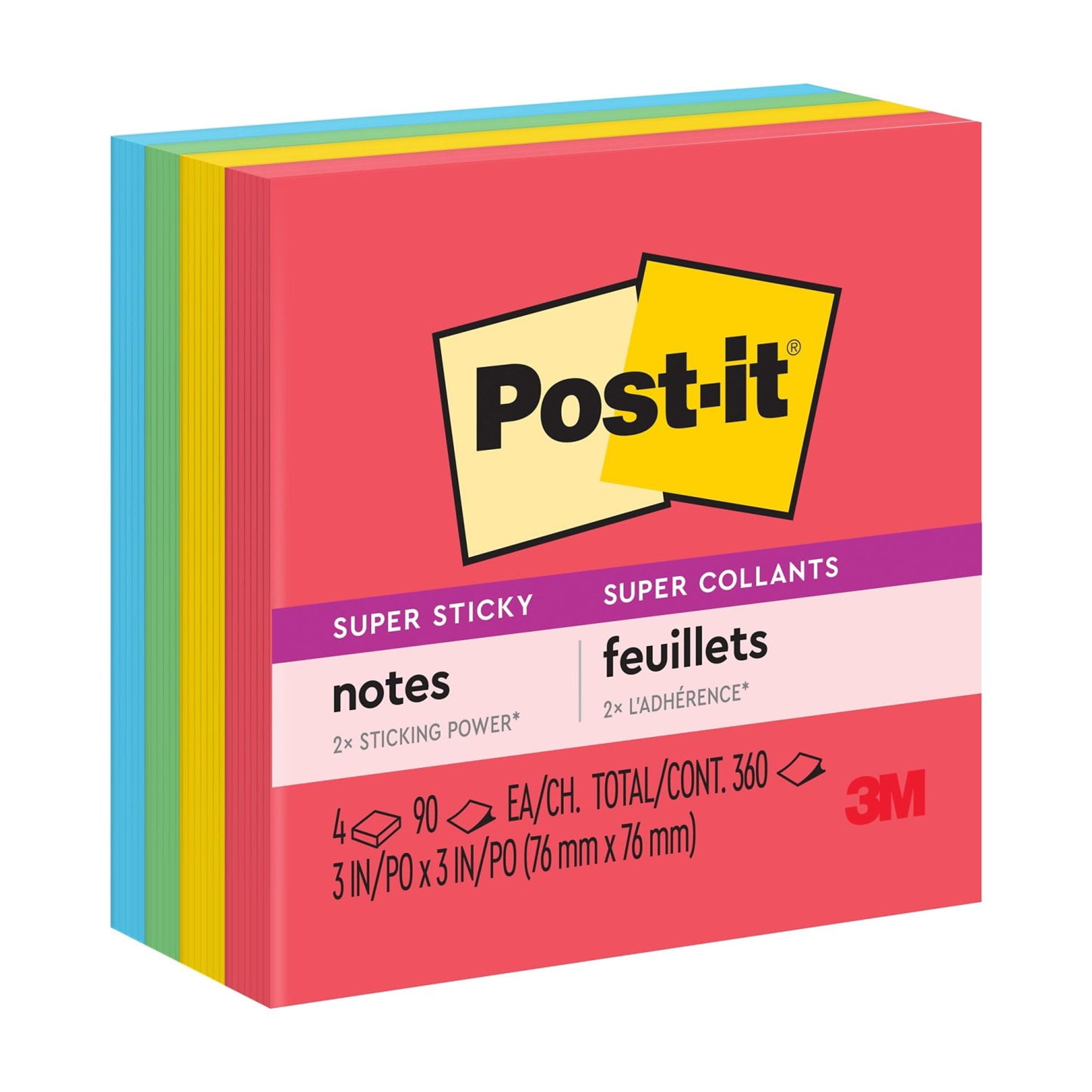 Post-it Super Sticky Notes, 3 in x 3 in, Playful Primaries Collections, 4 Pads