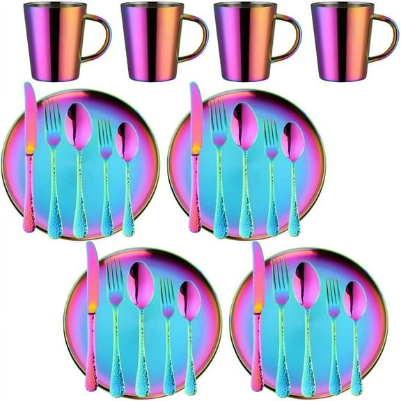 28-Piece Rainbow Dinnerware Set for 4 Stainless Steel Dinner Plate Set Service for 4 Silverware Set with Coffee Cups