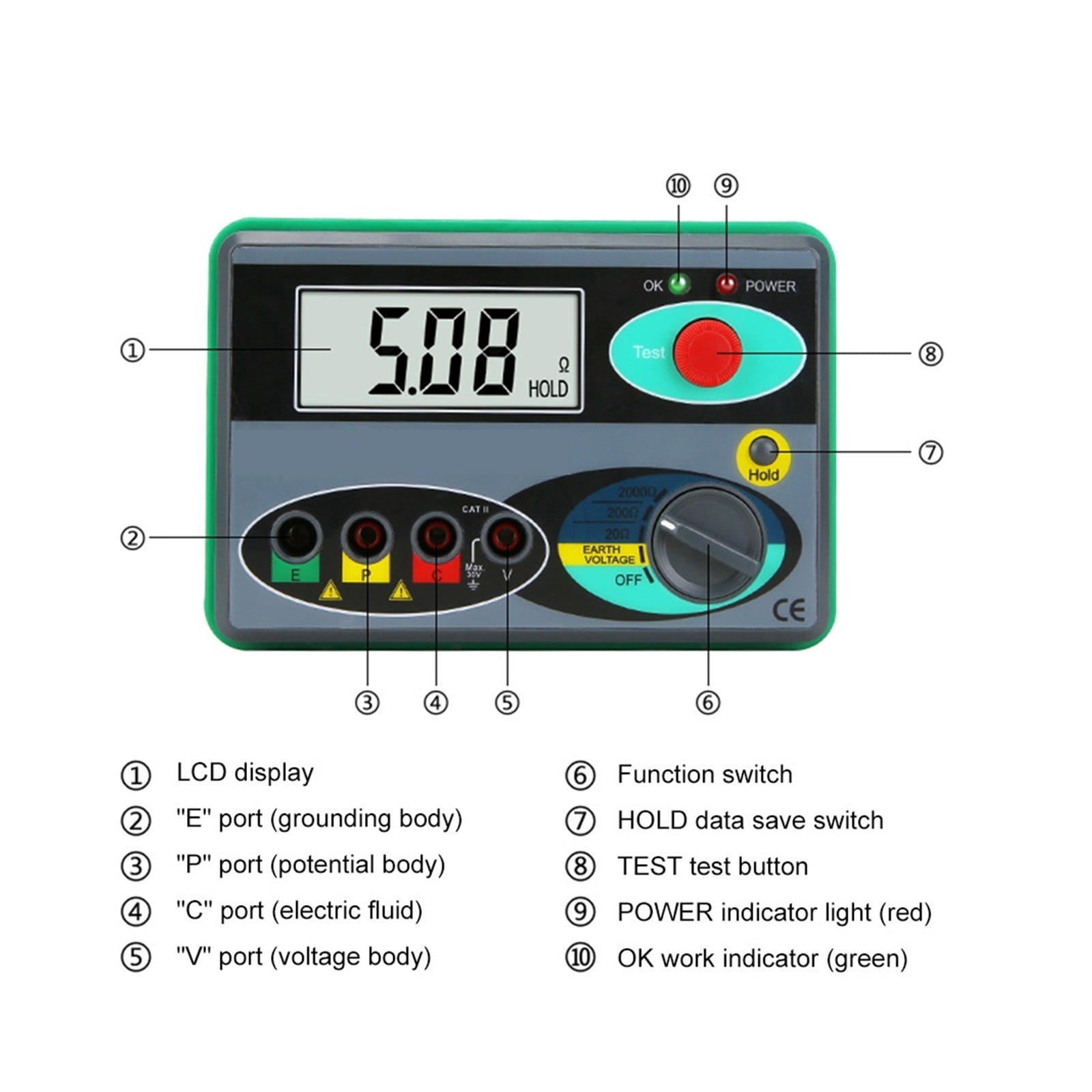 Insulation Resistance Tester Meter Earth Resistance Voltage Tester Ground 0-2000 Ohm Digital Megohmmeter