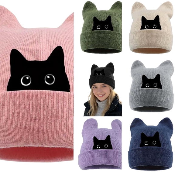 AJGRHE Cute Cat Embroidery Knitted Winter Hat Warm Ear Cap for Daily Casual Outfits Pink One Size