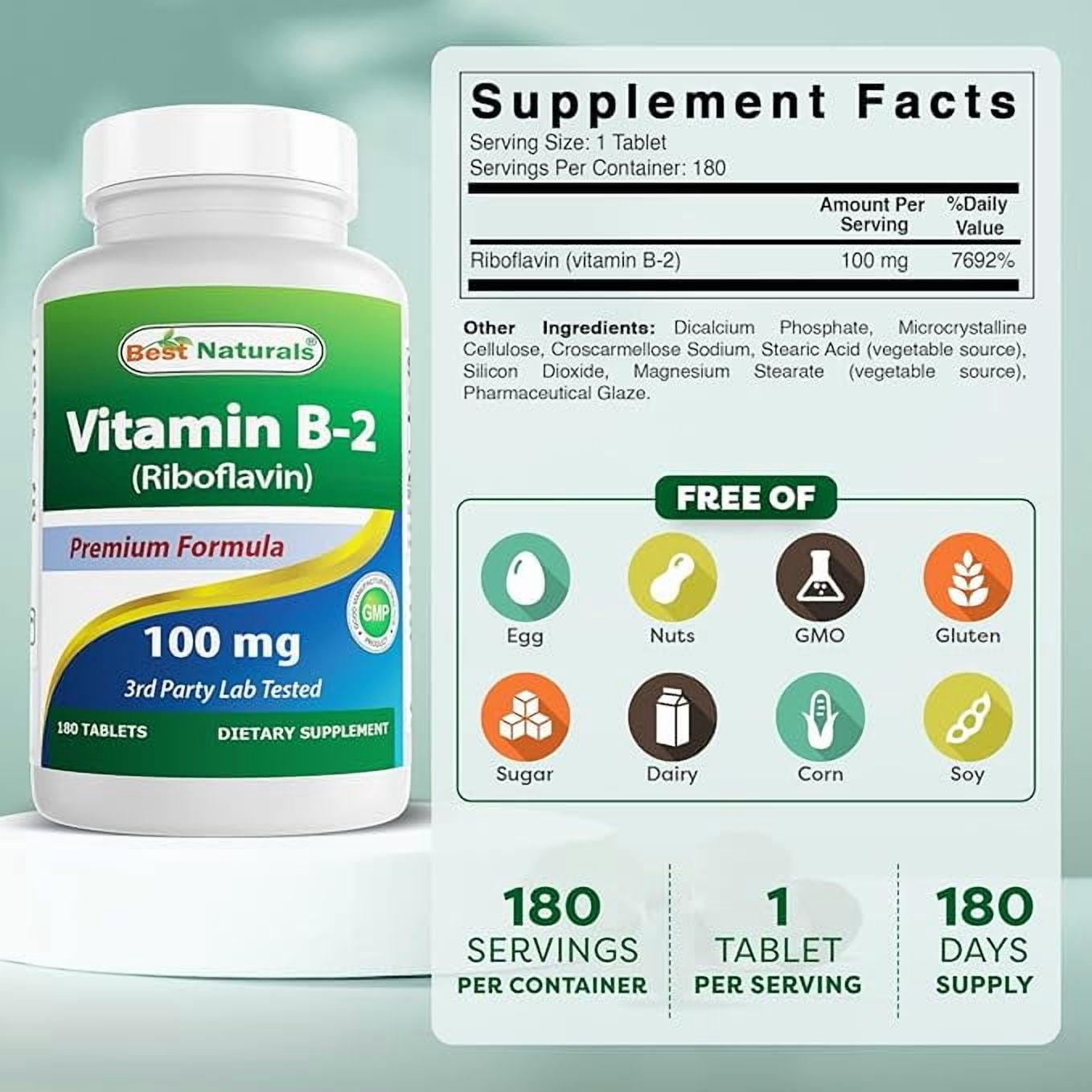 Best Naturals Vitamin B2 Riboflavin 100 mg 180 Tablets