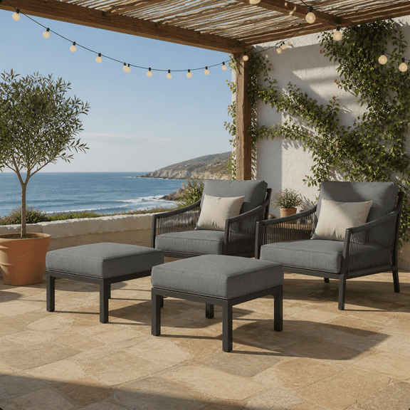 Kiootto 24" Outdoor Patio Ottoman Set of 2, Aluminum Frame, Gray Cushions