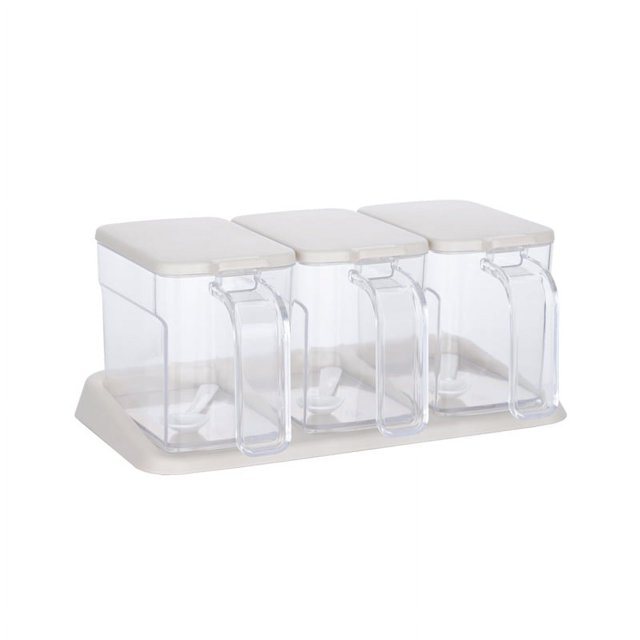 Caja transparente para condimentos de cocina, tarro de especias, contenedor de almacenamiento de plástico, con tapa y cuchara, 3 piezas