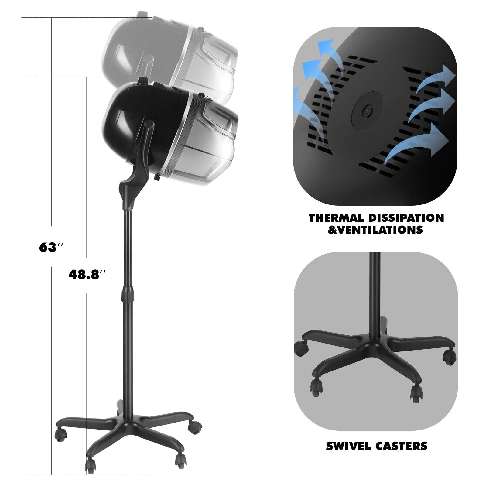 Professional Bonnet Hair Dryer Adjustable Hood Stand-Up Hairdressing with Wheels Salon Beauty Equipment