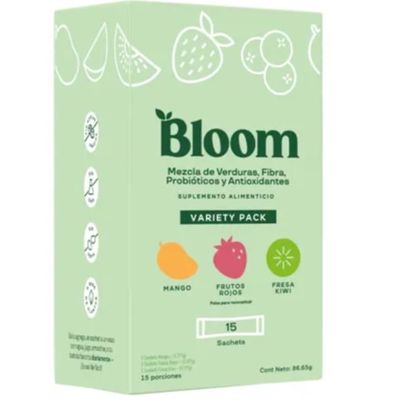 Bloom Greens – Pack Variado con 15 Sobres (sabor Frutos Rojos, Mango y Fresa kiwi)