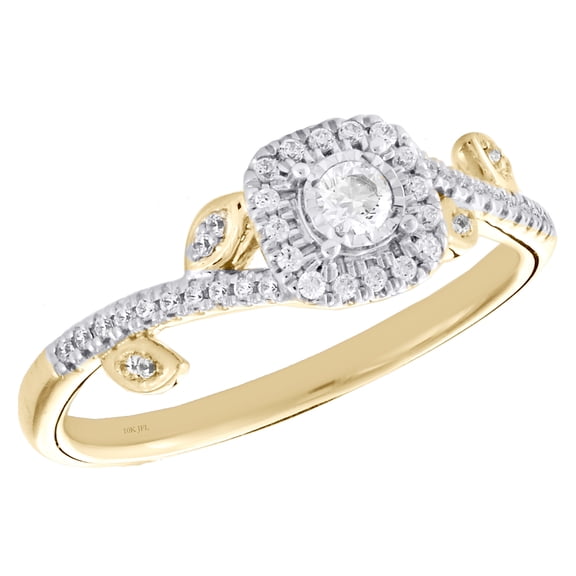 10K Yellow Gold Diamond Square Halo Engagement Ring Leaves Promise Band 1/4 CT.