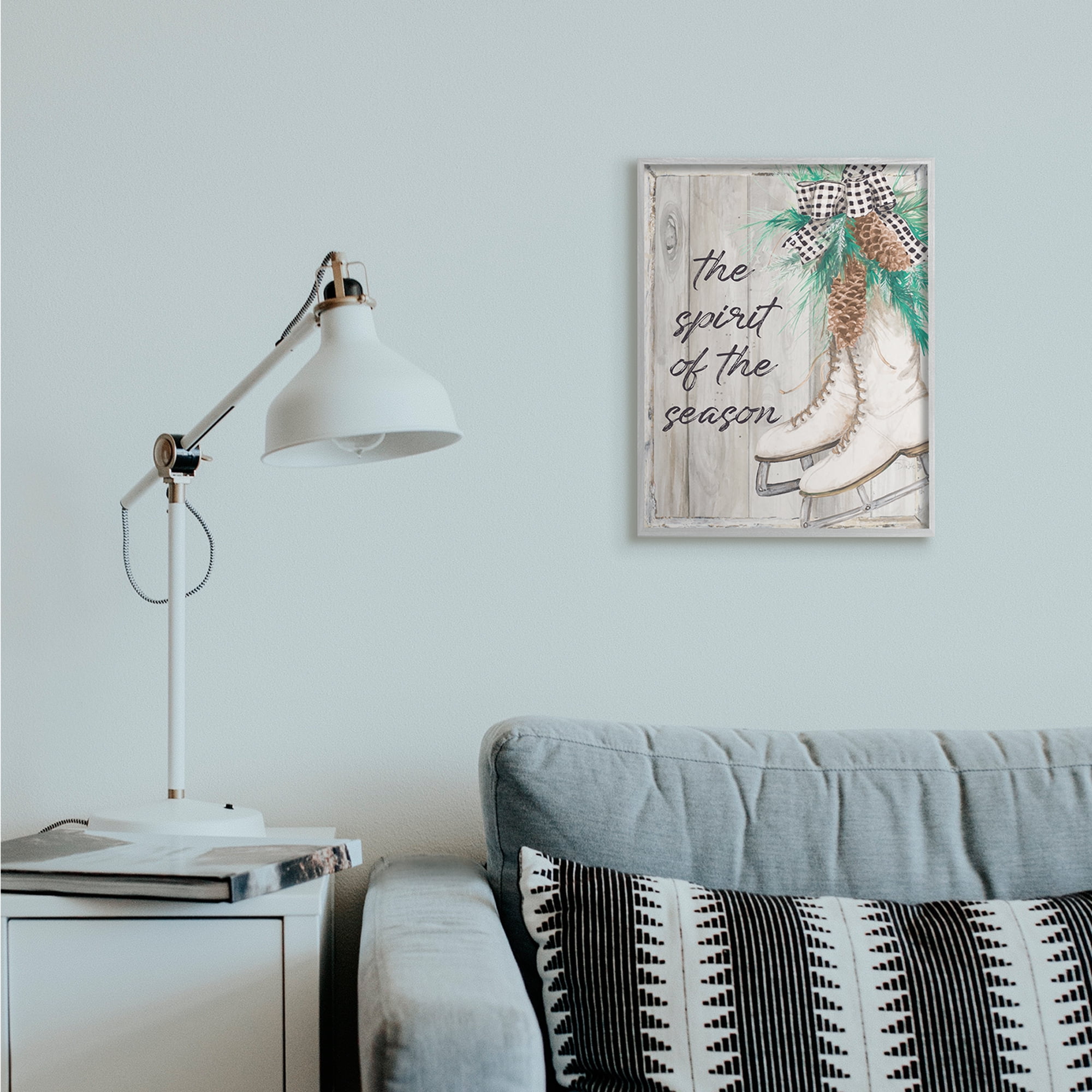 Stupell Industries Spirit of Season Phrase Winter White Ice Skates Holiday Painting Gray Framed Art Print Wall Art, 16 x 20