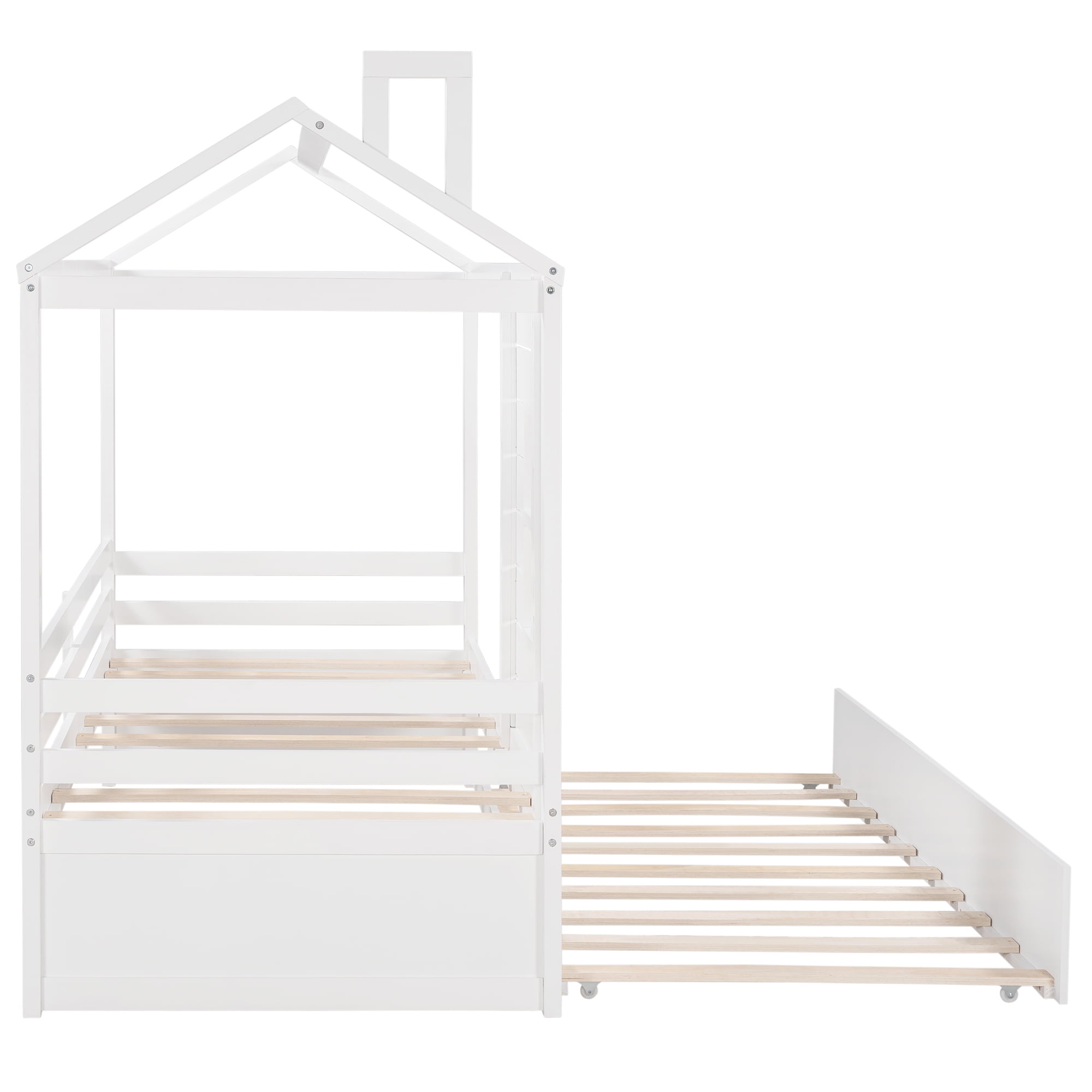 Harper & Bright Designs Twin House Bed with Trundle and Tent, House Twin Bed Frame with Roof and Windows, White