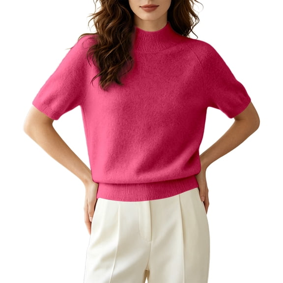 Sweater Tops for Women Neck Short Sleeve Solid Color Casual Summer Blouses