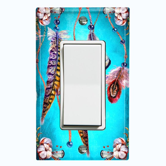 Metal Light Switch Plate Cover Beaded Feather Flower Strings Teal DRM013