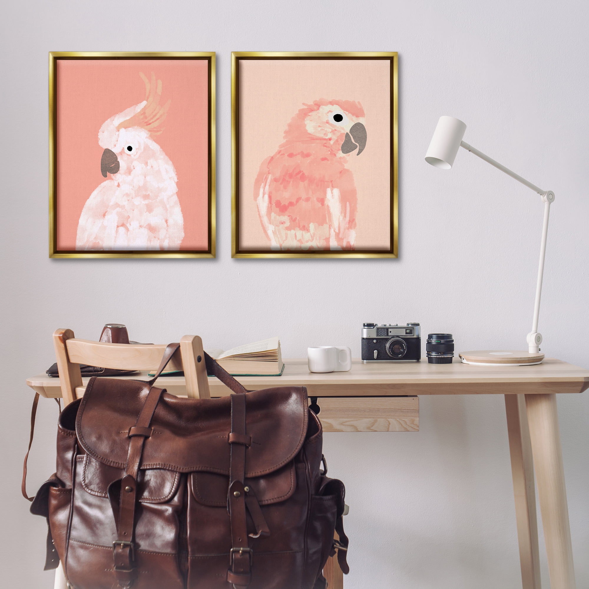 Stupell Industries Peach Cockatoo Parrot Profile Animals Painting Gold Floater Framed Canvas Art Print Wall Art, 31 x 25, Set of 2