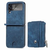 Zipper Back Wallet Case for Samsung Galaxy Z Flip 4, Detachable Card Slots Pocket Magnetic Classic Cover with Kickstand Soft Silicone Shockproof Anti-Scratches Folding Case, Blue